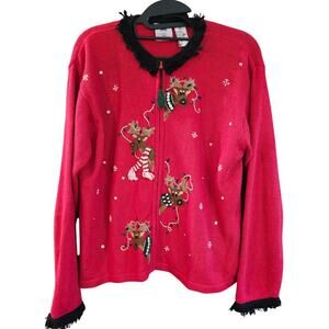 Vintage Red Holiday Reindeer Novelty Ugly Christmas Sweater Zip Up Cardigan 16